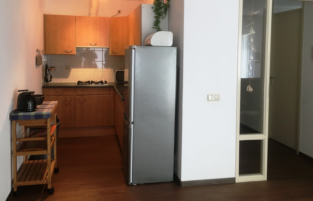 Foto offene Küche mit Küchenzeile, Servierwagen und Kühlschrank